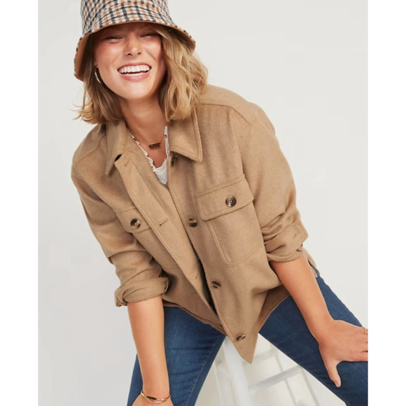 Old Navy Jackets & Blazers - OLD NAVY Soft-Brushed Utility Shacket LARGE TALL Wool Blend Camel Oversized NEW